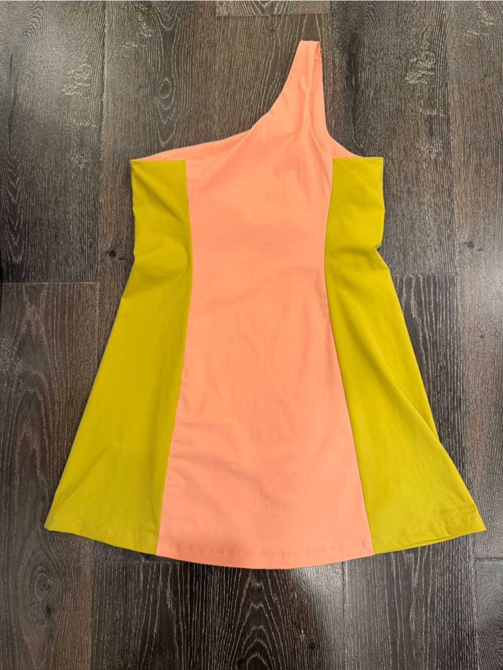 Outdoor Voices One-Shoulder Colorblock Dress in Coral and Lime